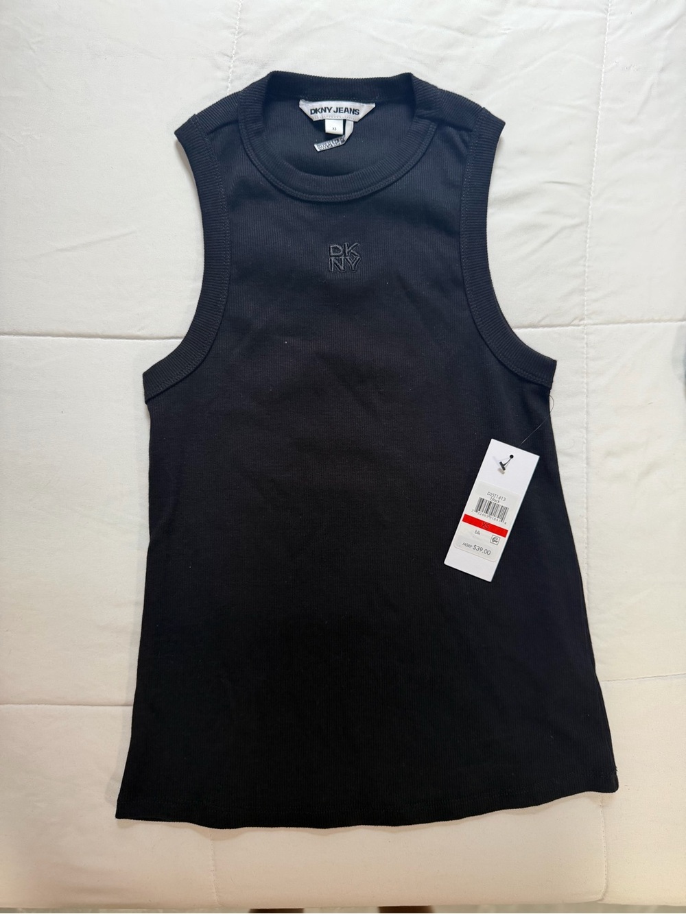 NWT DKNY Jeans Black Ribbed Embroidered High Neck Racerback Tank Top